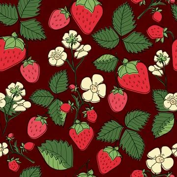 Pattern with strawberry berries, leaves and flowers on bright background Ilustração Stock