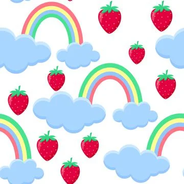 Pattern strawberry falls from the clouds on a background of rainbows, vector Stock Illustration