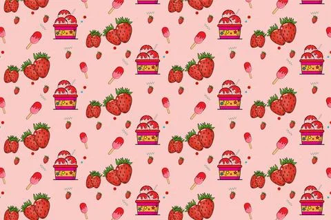 Pattern with strawberry flavored cup and stick ice cream elements Stock Illustration
