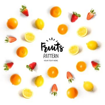 Pattern with strawberry, lemon and orange on the white background. Stock Photos