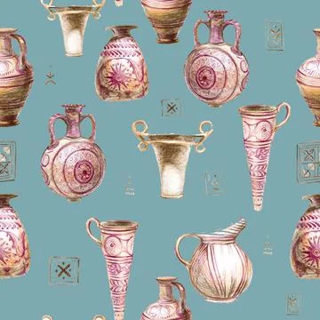 Pattern styling of stylized vases and jugs. Turquoise background Stock Illustration