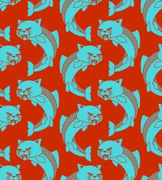 Pattern with stylized catfish figures (fish with cat heads) in motion. Repr.. Stock Illustration