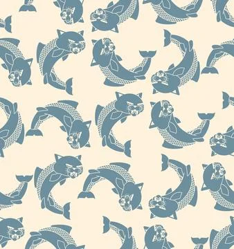 Pattern with stylized catfish figures (fish with cat heads) in motion. Repr.. 스톡 일러스트