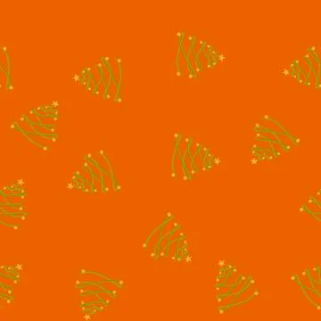 Pattern stylized christmas tree line drawing with green contour, orange baubl Stock Illustration