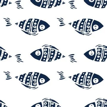 The pattern of stylized fish is dark blue. Seamless pattern of sea fish, drawn Stock Illustration
