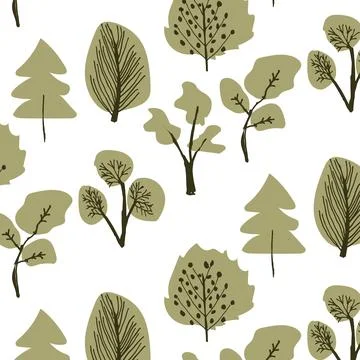 Pattern of stylized hand drawn trees isolated Stock Illustration