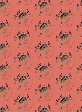Pattern of stylized leaves and buds on a peach textured background. Stock Illustration