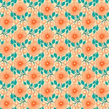 Pattern with Stylized Orange Pollen Flowers and Teal Leaves Illustrazione stock