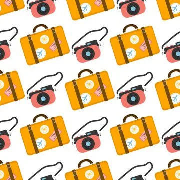A pattern of a suitcase and a camera on a white background Stock Illustration