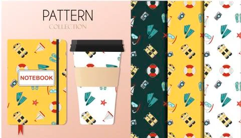 A pattern with summer accessories a swimsuit, surfboard, flip-flops, a set for Stock Illustration