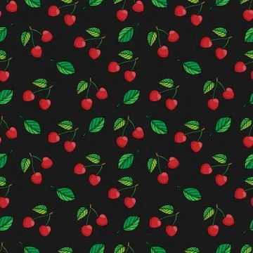 Pattern summer berries cherry with leaves on black Stock Illustration