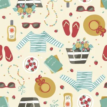 Pattern with summer clothes and accessories. Stock Illustration