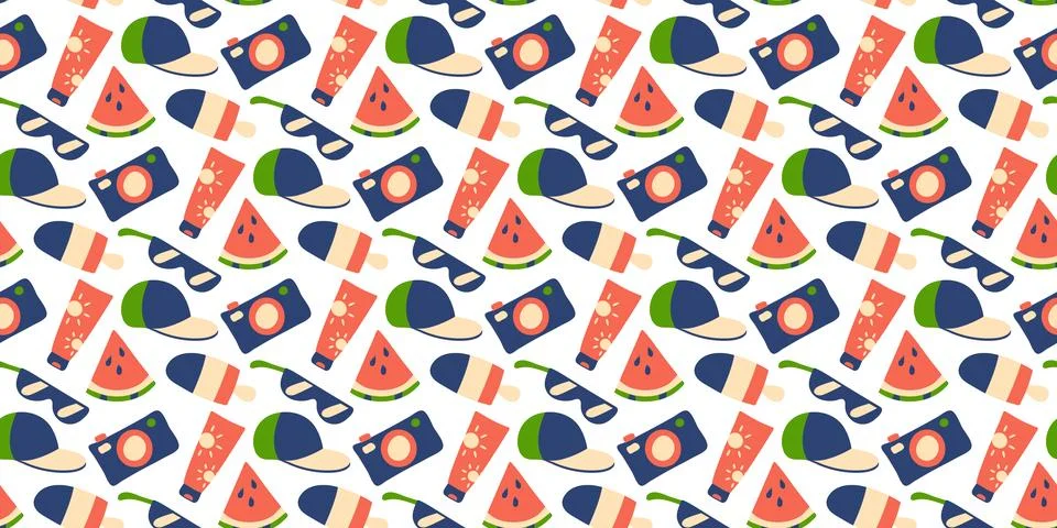 Pattern of summer items - cap, sunscreen and sunglasses. Camera, ice cream and Stock-Illustration
