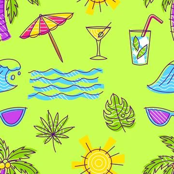 Pattern with summer items. Stylized beach objects. Illustrazione stock