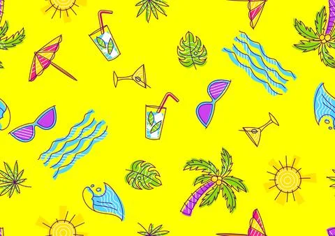Pattern with summer items. Stylized beach objects. イラスト素材