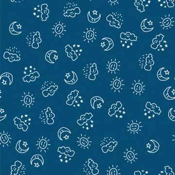 Pattern sun and moon with stars , white clouds with rain drops and snowflakes on Stock Illustration