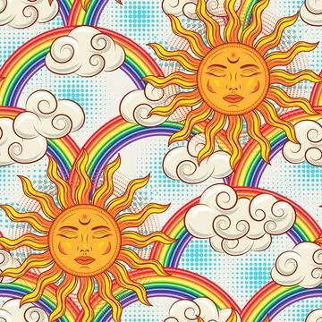 Pattern with sun with face, clouds, rainbow Stock Illustration