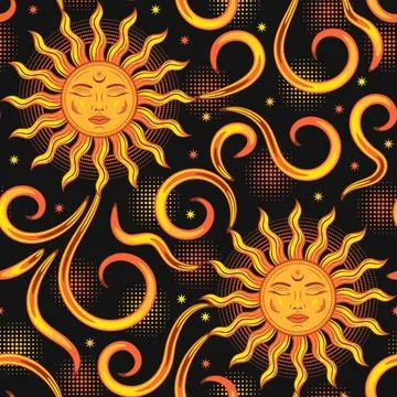 Pattern with sun with face, fire swirls, halftone shapes Stock Illustration