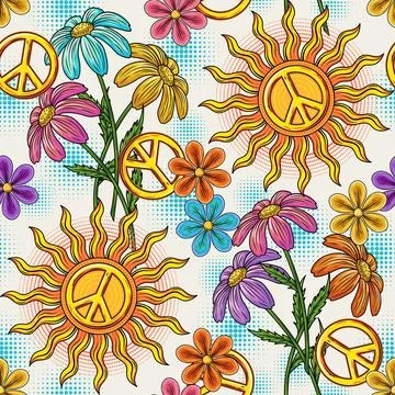 Pattern with sun, peace sign, chamomile flower Stock Illustration