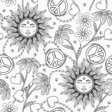 Pattern with sun, peace sign, chamomile, hearts Stock Illustration