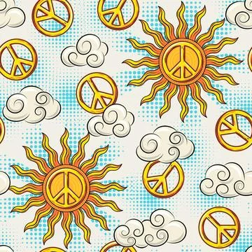 Pattern with sun, peace sign, clouds, halftone Stock Illustration
