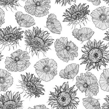 Pattern with sunflowers and poppies Stock Illustration