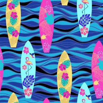 Pattern with surfboards and waves background. 스톡 일러스트