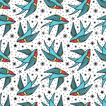 Pattern with swallows in old-school tattoo style Stock Illustration