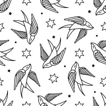 Pattern with swallows in old-school tattoo style Stock Illustration