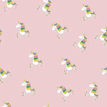 .Pattern - sweet and cute unicorn ponies on kofeta pink background. Stock Illustration