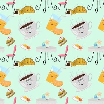 Pattern with sweet elements on the coffee and juice table Illustrazione stock