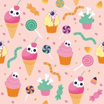 Pattern with sweets for Halloween on a pink background Stock Illustration
