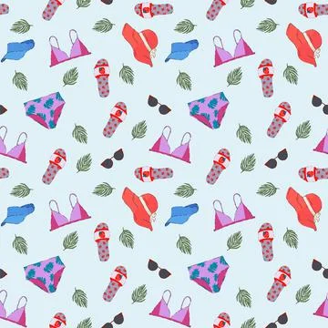 Pattern with symbols of summer, sun, beach. Colorful summer illustrations for Stock Illustration