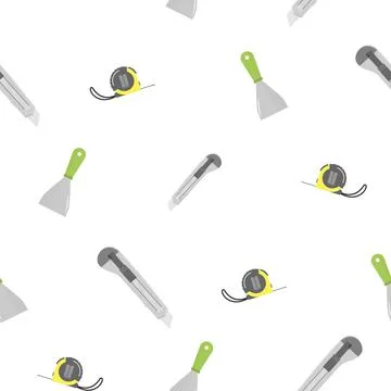 Pattern of tape measure, construction spatula and construction knife. Easy color Stock Illustration