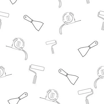 Pattern of tape measure, construction spatula and roller for painting works Illustrazione stock