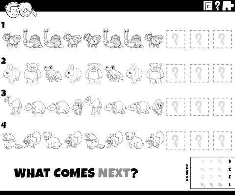 Pattern task with cartoon animals coloring book page Stockillustratie