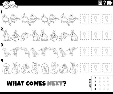 Pattern task with cartoon animals coloring book page Stockillustratie