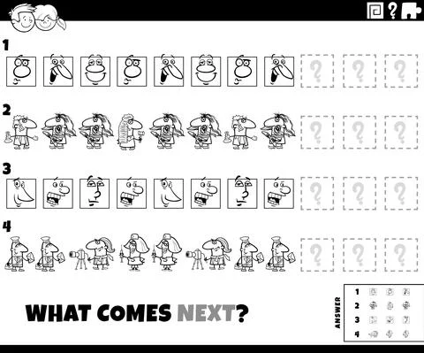 Pattern task with cartoon characters coloring book page 스톡 일러스트