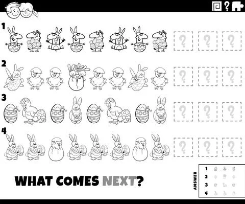 Pattern task with cartoon Easter characters coloring book page 스톡 일러스트