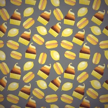 Pattern with tasty macaroons, cupcake, cake and lemon Illustrazione stock