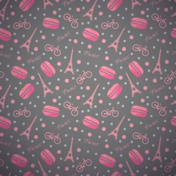 Pattern with tasty macaroons, Eiffel Tower, Paris, bike and dots Illustrazione stock