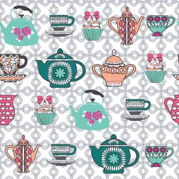 Pattern of Tea cups, pots, jars, cupcake In vintage style. Stock Illustration