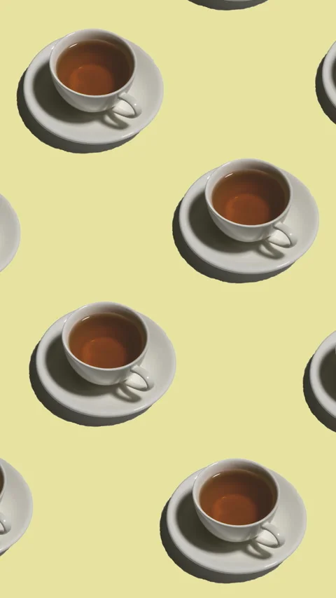 Pattern of tea cups with saucers casting shadows on yellow background Stock Footage 311569047