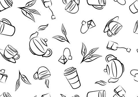 Pattern with tea items. Background with tea and accessories, packs and kettles. 스톡 일러스트