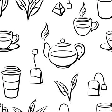 Pattern with tea items. Background with tea and accessories, packs and kettles. Stock Illustration