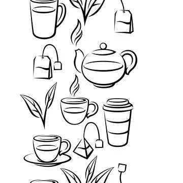 Pattern with tea items. Background with tea and accessories, packs and kettles. Stock Illustration