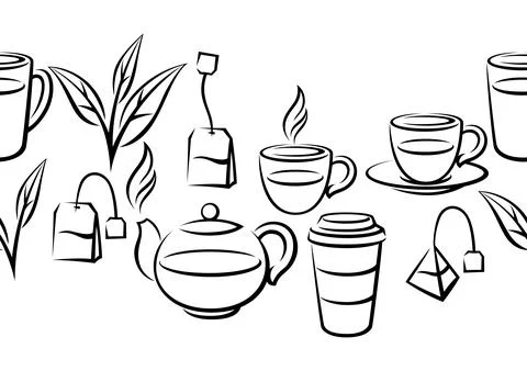 Pattern with tea items. Background with tea and accessories, packs and kettles. Stock Illustration