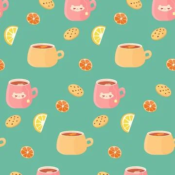 Pattern tea with lemon and cookies Stock Illustration