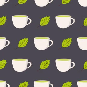 A pattern of a tea mug with a green leaf for use in textile design Stock Illustration