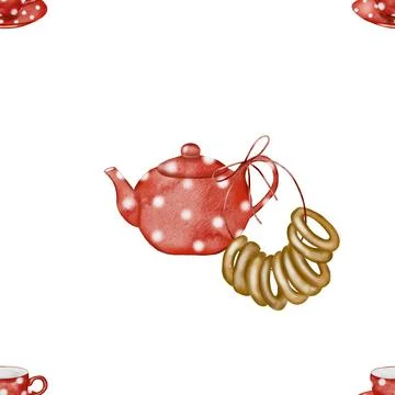 Pattern with a teapot and cups. Seamless pattern with bagels teapot and red cups Stock Illustration
